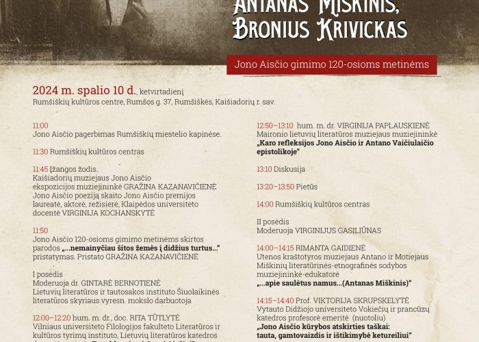 Mokslinė konferencija. Vieno kraujo susieti: Jonas Aistis, Antanas Miškinis, Bronius Krivickas